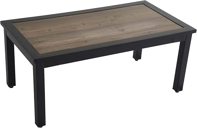 LOKATSE HOME Outdoor Coffee Table Patio Retangle Metal Side Dining Furniture with Wood Grain Top for Balcony, Porch, Deck