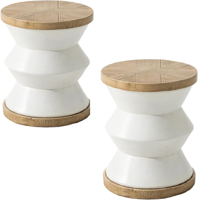 SUNBURY White Outdoor Side Table Set of 2, 14" W Concrete Side Table, Round Accent Marble End Drum Table, Garden Stool Plant Stand, Lounge, Yard