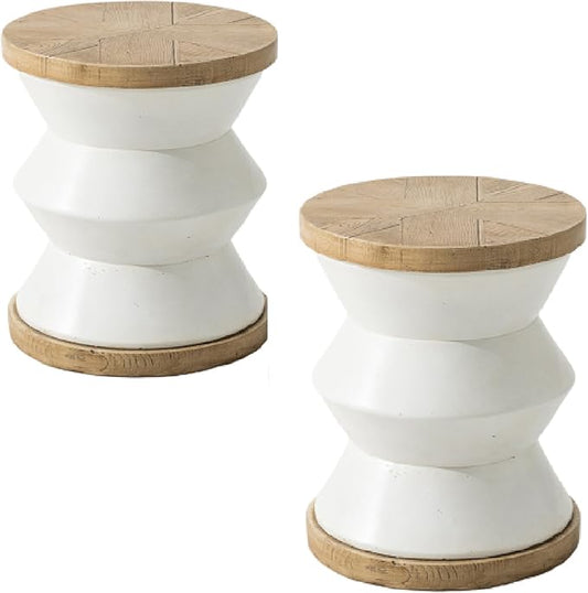 COSIEST Outdoor Side Table Set of 2, Round MgO Concrete Side Table, Patio End Table, Lightweight Concrete Accent Table with Rotund Base, Cylinder Top Plant Stand for Garden and Deck