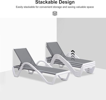 PURPLE LEAF Patio Chaise Lounge Chair Set of 3 Outside Aluminum Plastic Stackable Tanning Chairs with Armrests and Side Table for Pool Sunbathing Beach Deck Outdoor Lounger, Light Grey
