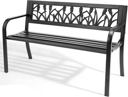 49" Garden Bench,Outdoor Benches,Iron Steel Frame Patio Bench with Tulip Pattern and Backrest Armrests for Lawn Yard Porch Work Entryway