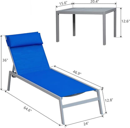 Domi Patio Chaise Lounge Set, Classic Pool Lounge Chairs with 5 Adjustable Posation, Breathable Textilene Fabric, Headrest and Table, Steel Frame Pool Chairs, Blue