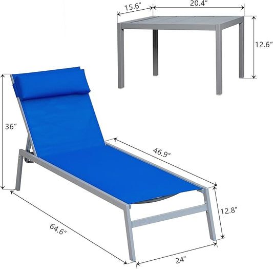 Domi Patio Chaise Lounge Set, Classic Pool Lounge Chairs with 5 Adjustable Posation, Breathable Textilene Fabric, Headrest and Table, Steel Frame Pool Chairs, Blue