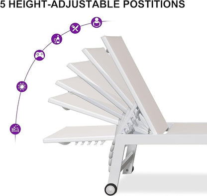 PURPLE LEAF Patio Lounge Chair 2 Pieces White Aluminum Outdoor Chaise Lounge for Pool Backyard Beach with Wheels and Table, Linen