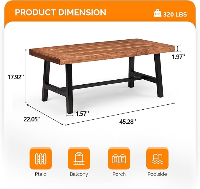 VINGLI Outdoor Wooden Coffee Table with Metal Frame - Heavy Duty 350lbs All-Weather Patio Table - Photo 3