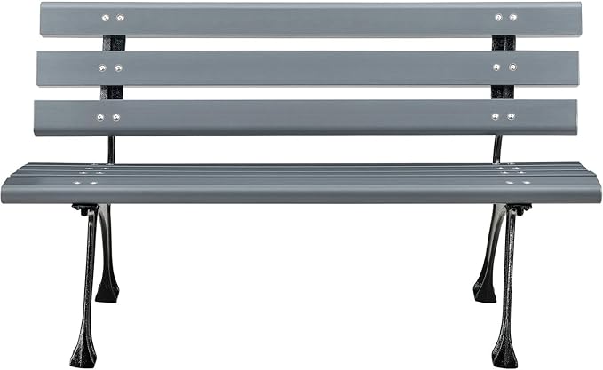 Global Industrial 4'L Outdoor Park Bench with Backrest, Recycled Plastic Slats, Wrought Iron Frame, 1100 lbs Capacity, Gray, Surface Mount, Easy Assembly