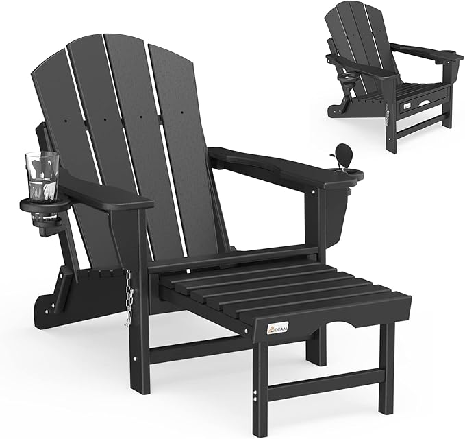 Mdeam Folding Adirondack Chair with Retractable Ottoman, HDPE All-Weather Fire Pit Chair with 2 Cup Holders, Outdoor Chair for Deck Patio Garden Backyard Lawn (Black)