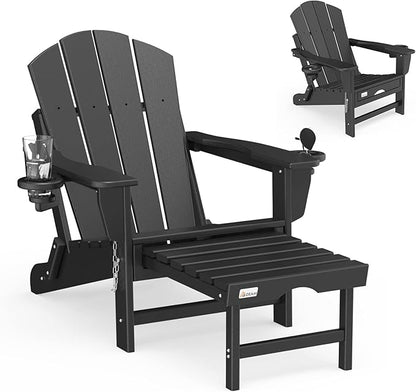 Mdeam Folding Adirondack Chair with Retractable Ottoman, HDPE All-Weather Fire Pit Chair with 2 Cup Holders, Outdoor Chair for Deck Patio Garden Backyard Lawn (Black)