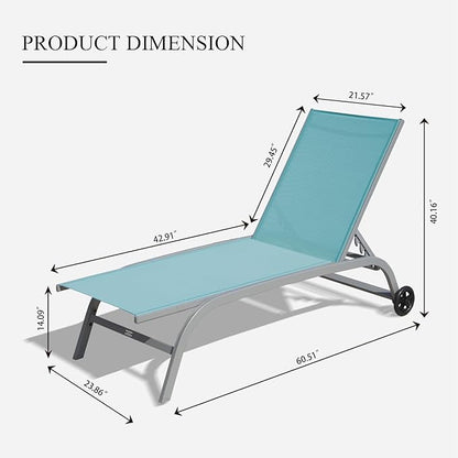 Domi Pool Lounge Chairs Set of 2, Adjustable Aluminum Outdoor Chaise Lounge with Wheels Patio Lounge Chairs, All Weather for Deck Lawn Poolside Backyard-Turquoise Blue Textilene
