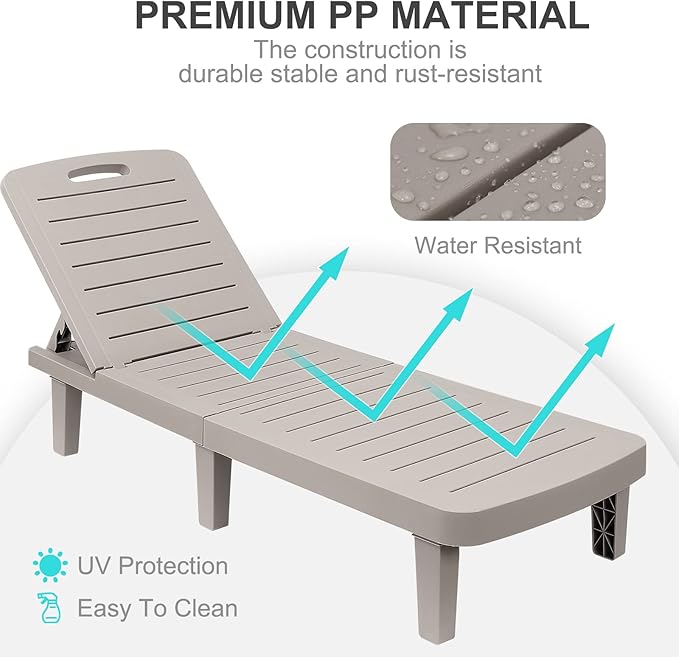 Outdoor Chaise Lounge Set of 4, Waterproof Resin Lounge Chairs for Outside w/Adjustable 5 Positions All Weather Use Recliner Chair for Patio, Poolside, Beach, Yard, Grey