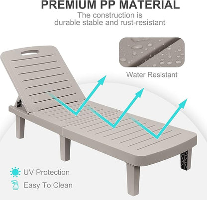 Outdoor Chaise Lounge Set of 4, Waterproof Resin Lounge Chairs for Outside w/Adjustable 5 Positions All Weather Use Recliner Chair for Patio, Poolside, Beach, Yard, Grey