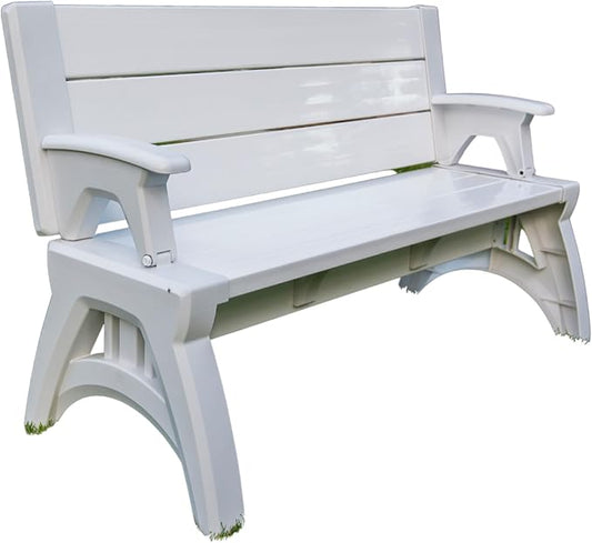 Convert-a-Bench 2-in-1 Outdoor Bench & Picnic Table - Foldable, Weather-Resistant Seating - Perfect for Patio, Lawn, Garden, or Deck - Durable Construction, Easy Assembly - 1 Bench/Order, White