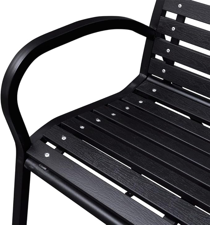 BOWERY HILL Contemporary Steel Garden Bench, Matte Black Finish, 116 cm Wide, Rectangular Design, WPC and Steel Construction, Seats 2, Sleek Outdoor Furniture for Patio, Garden, or Balcony Use