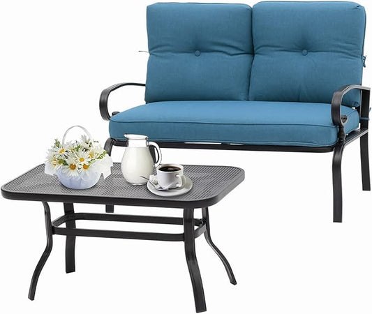 Incbruce Patio Loveseat with Coffee Table - Outdoor Bench with Cushion,2 Piece Wrought Iron Outdoor Loveseat Metal Frame Porch Furniture Set Bench for Patio, Poolside, Garden (Peacock Blue)