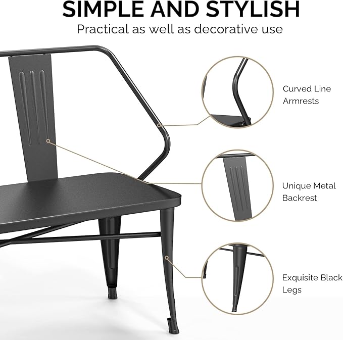 45” Outdoor Metal Bench, Industrial Dining Bench with Removable Backrest, 2-3 Person Weatherproof Vintage Porch Bench for Kitchen Balcony Garden (45" Black Pure Iron)