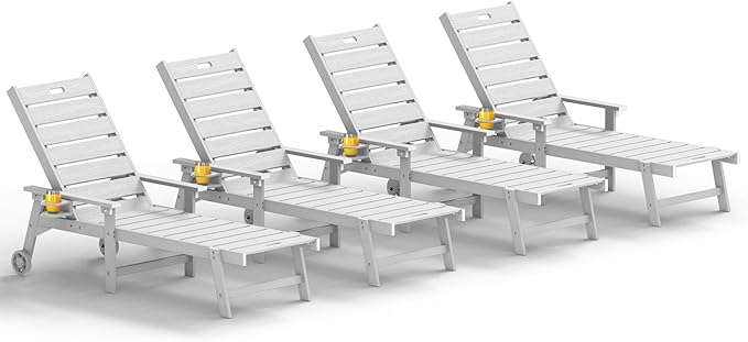 YEFU Lounge Chair Outdoor Set of 4: Outdoor Chaise Lounge with 5-Level Adjustable Backrest, Cup Holders & Wheels, All-Weather Resistance Chaise Lounge for Outside/Patio/Beach/Deck, White