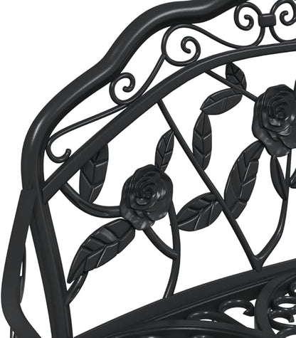 Traditional Cast Iron Garden Bench with Floral Inlays, Black Matte Finish, Sturdy Outdoor Seating for Patio and Park, Weather-Resistant Durable Metal Furniture, Supports 330
