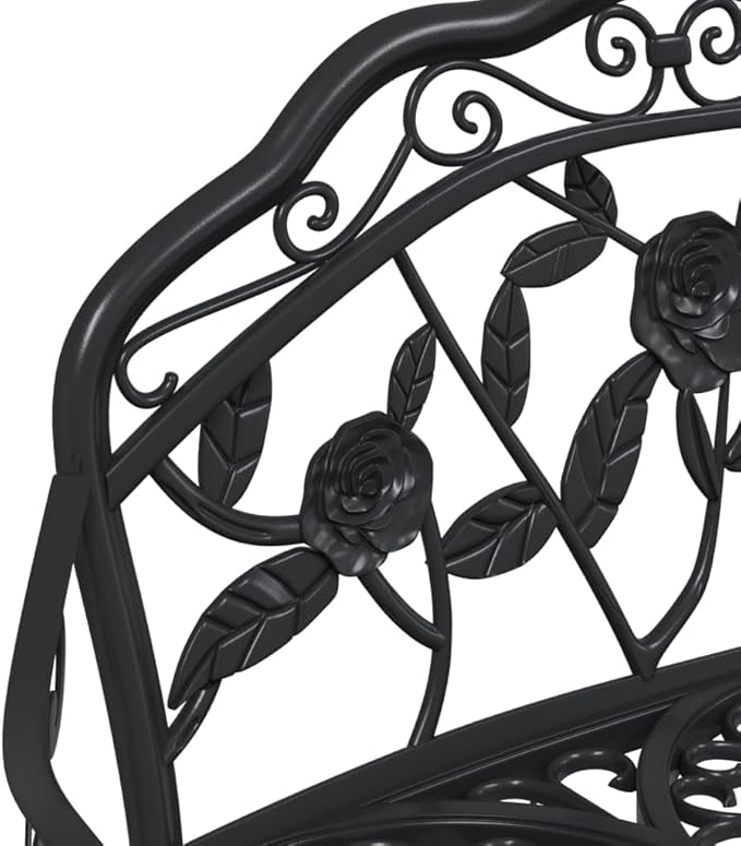 Traditional Cast Iron Garden Bench with Decorative Floral Inlays, 2-Person Outdoor Seating, Black Matte Finish, Sturdy and Weather Resistant for Patio, Park, or Garden