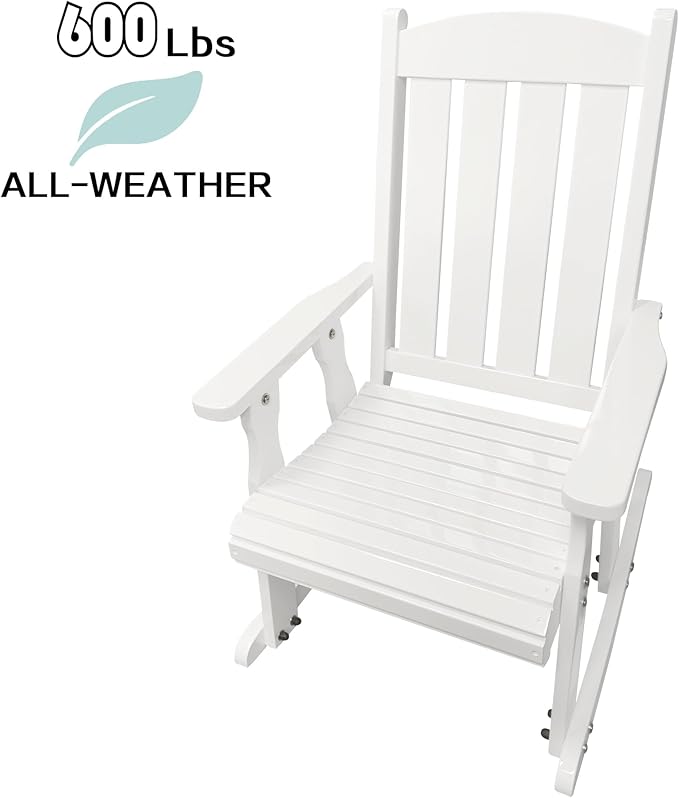 Fortune Candy Wooden Patio Rocking Chair with Comfortable Backrest Inclination, High Backrest and Deep Contoured Seat, Solid Fir Wood, Heavy Duty 600 LBS (Pure White, 2 Pieces)