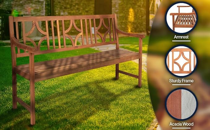 JONATHAN Y BNH100A Sloane 59.1" 3-Seat Ogee Diamond-Back 600-Lbs Support Acacia Wood Outdoor Garden Patio Bench for Garden, Lawn, Backyard, Pool, Deck, Beach, Firepit, Teak