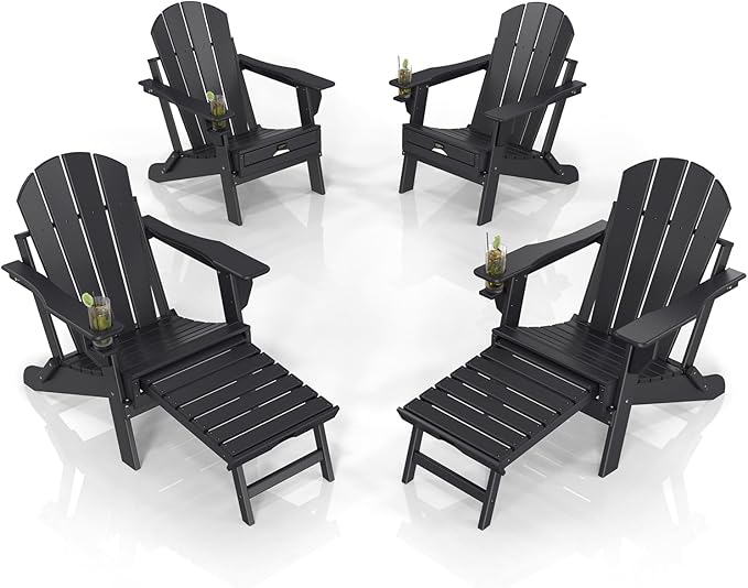 VINGLI Folding Adirondack Chair Set of 4 with Ottoman, Waterproof Plastic HDPE Firepit Chair for Outside with Hidden Footrests, Foldable Ergonomics Seating for Patio Porch Yard Garden(Black)
