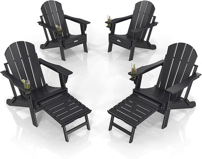 VINGLI Folding Adirondack Chair Set of 4 with Ottoman, Waterproof Plastic HDPE Firepit Chair for Outside with Hidden Footrests, Foldable Ergonomics Seating for Patio Porch Yard Garden(Black)