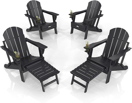 VINGLI Folding Adirondack Chair Set of 4 with Ottoman, Waterproof Plastic HDPE Firepit Chair for Outside with Hidden Footrests, Foldable Ergonomics Seating for Patio Porch Yard Garden(Black)