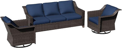 3 Pieces Patio Conversation Furniture Set - 1 Sofa, 2 Swivel Chairs, Outdoor Wicker Furniture with Removable Cushions for Porch, Balcony, Sunroom (Blue)