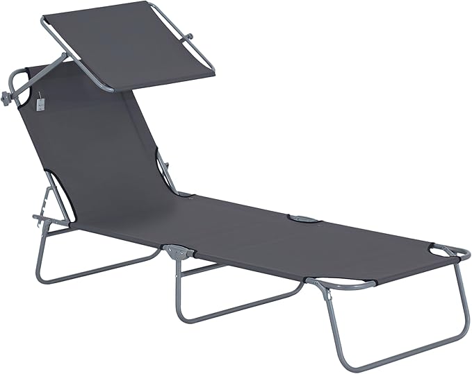 Outsunny Outdoor Lounge Chair, Adjustable Folding Chaise Lounge, Tanning Chair with Sun Shade for Beach, Camping, Hiking - Photo 1