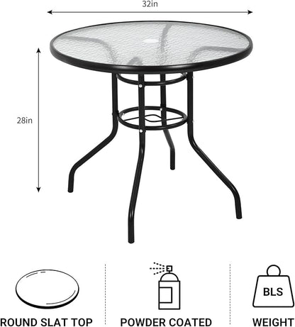 BSTOPHKL 32" Outdoor Patio Table with Umbrella Hole Round Outdoor Coffee Table Tempered Glass Top, All Weather Dining Table Bistro Table Suitable for Backyards, Balconies, Gardens and Lawns (Round)