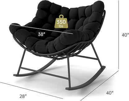 Kromax Oversized Outdoor Papasan Rocking Chair Set of 2, Wicker Egg Chair Rocker for Outside, Comfy Patio Rocker, Large Indoor Rocking Recliner, Modern Egg Style, Black
