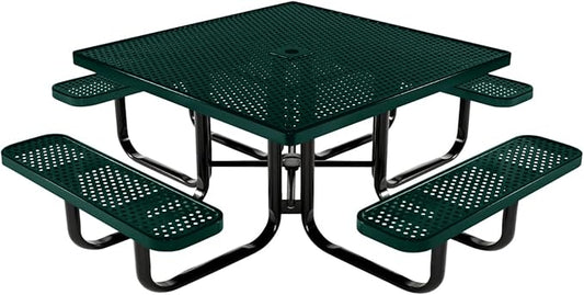 COATEDOUTDOORFURNITURE Heavy-Duty Portable Outdoor Kids Table with Umbrella Hole, Punched Steel Kids Picnic Table, Commercial-Grade, Made in America (46 in, Square, Childrens, Textured Dark Green)