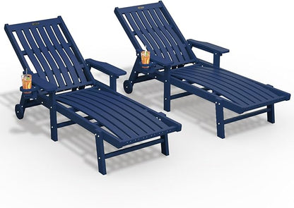 THOEOE Patio Chaise Lounge Chair Set of 2, Oversized Lounge Chair Outdoor with 5 Positions, HDPE, Patio Lounge Chair with Wheels & Cup Holder for Pool, Deck, Poolside,Navy Blue