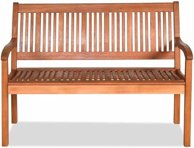 Pemberly Row 50" Eucalyptus Outdoor Garden Bench, Natural Finish, Solid Wood, Weather-Resistant, Ergonomic Design with Armrests, 2-Person Seating for Patio, Garden, or Poolside Use