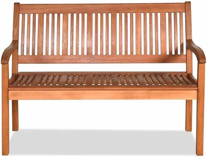 Pemberly Row 50" Eucalyptus Outdoor Garden Bench, Natural Finish, Solid Wood, Weather-Resistant, Ergonomic Design with Armrests, 2-Person Seating for Patio, Garden, or Poolside Use