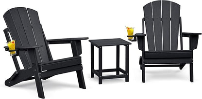 Skypatio 3 Pieces Folding Adirondack Chairs Set, Weather Resistant Adirondack Chairs Set of 2 with Cup Holder, 1 Side Table, 380 lbs Weight Capacity Portable Patio Fire Pit Chairs (Black)