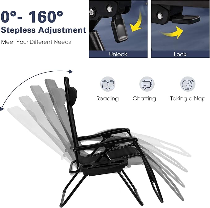Goplus Zero Gravity Lounge Chairs, 160°Adjustable Folding Recliner w/Pillow and Cup Holder, 350LBS Comfy Outdoor Lounge Chairs for Patio, Lawn, Yard & Camp(Set of 2, Black)