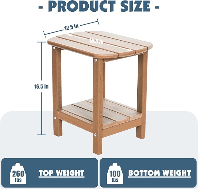 Adirondack Outdoor Side Table, 16.5” HDPE Small Patio Table with Storage Shelf, Weather Resistant End Table for Porch, Pool & Yard (Teak)