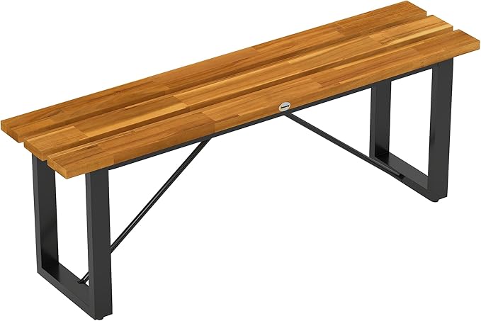Outsunny Outdoor Bench, Acacia Wood Patio Garden Bench, 47" 2-Person Backless Patio Loveseat with Slatted Seat and Metal Frame, Weather/Corrosion Resistant for Outside, Front Porch, Park, Teak
