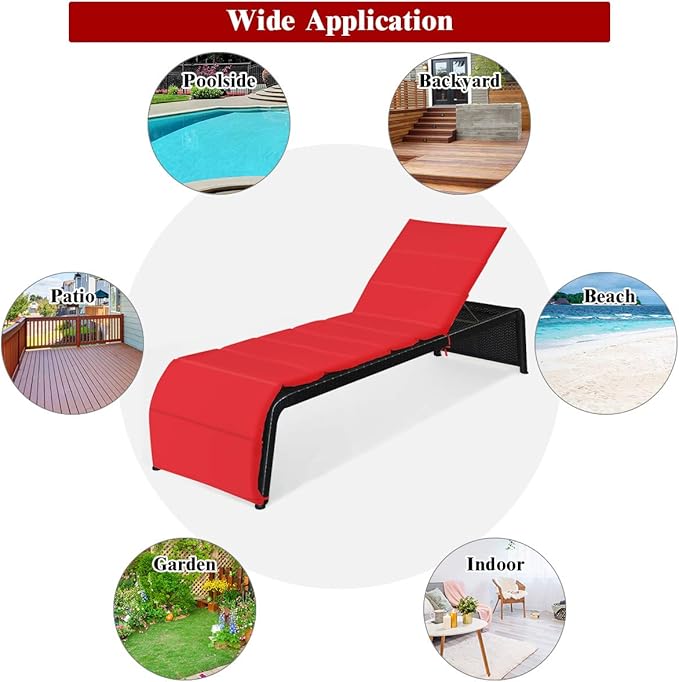 COSTWAY Patio Rattan Lounge Chair, Cushioned Chaise Recliner Chair with Adjustable Back, Garden Backyard Poolside (Red) - Photo 8