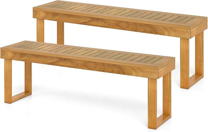 HAPPYGRILL Outdoor Acacia Wood Bench for 3-Person Patio Backless Farmhouse Bench with Slatted Seat, 800 LBS Heavy Duty Dining Bench for Entryway Porch Dining Room (2)