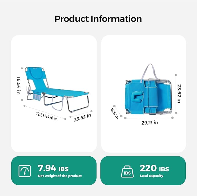 SUNNYFEEL Beach Lounge Chair, Aluminum Tanning Chair with Face Hole, Foldable Lounge Chair Outdoor, Sun Tanning Chair with Backpack Straps for Outdoor/Picnic/Lawn