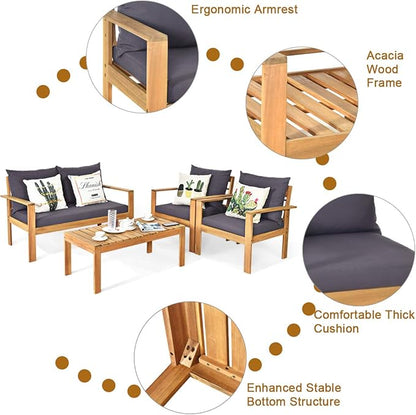 COSTWAY 4 Pieces Outdoor Acacia Wood Sofa Set, Outdoor Conversation Sofa Set with Table & Cushions Porch Chairs for Garden, Patio, Deck