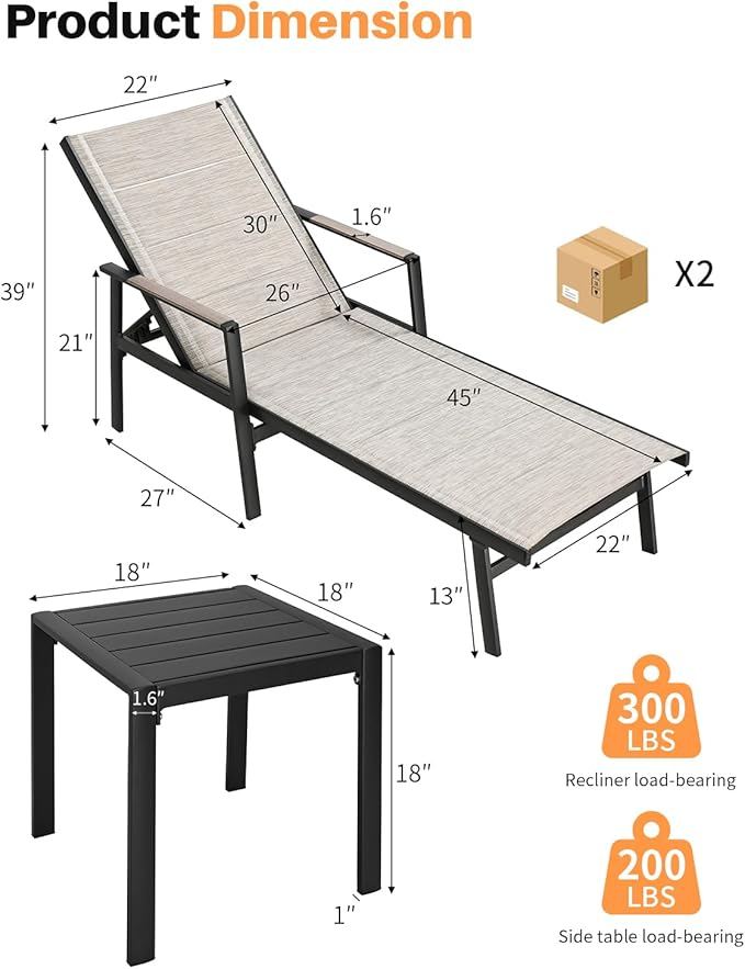 3-Piece Outdoor Chaise Lounge Set, Never-Rust Aluminum Patio Lounge Chairs with Side Table, Double-Layer Textilene Pool Lounge Chairs, Adjustable Backrest Sunbathing Loungers for Beach, Garden