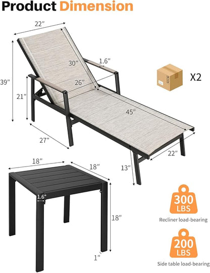 3-Piece Outdoor Chaise Lounge Set, Never-Rust Aluminum Patio Lounge Chairs with Side Table, Double-Layer Textilene Pool Lounge Chairs, Adjustable Backrest Sunbathing Loungers for Beach, Garden