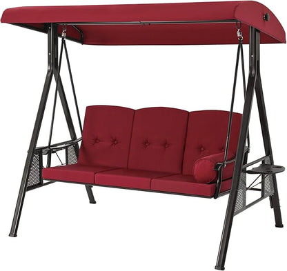 AECOJOY Outdoor Porch Swing, 3-Seat Porch Swing with Adjustable Canopy, Outdoor Swings for Adult with Burgundy Removable Cushions for Backyard, Garden, Yard, Poolside, Balcony