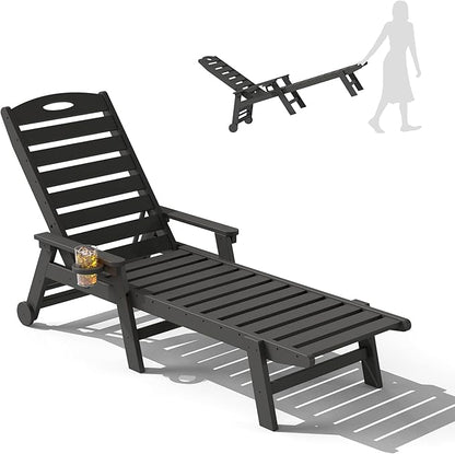 Domi Outdoor Chaise Lounge Chair, HDPE All-Weather Pool Lounger with 5-Position Adjustable Reclining Backrest & Rolling Wheels for Poolside Sunbathing Tanning, Grey