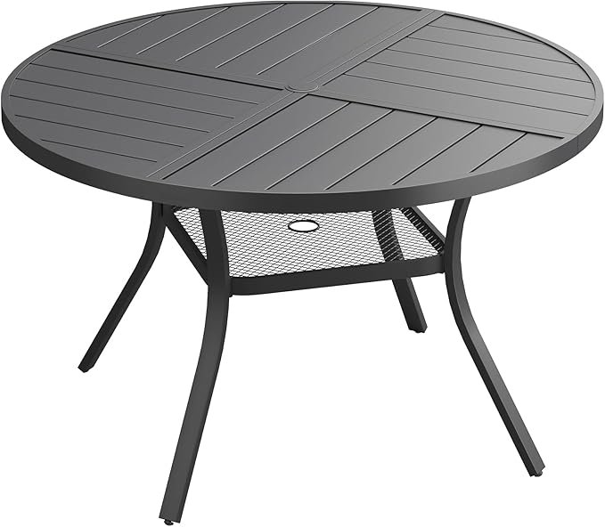 Patio Dining Table for 4, Round Metal Outdoor Table with Storage Shelf, 1.57" Umbrella Hole - Photo 1