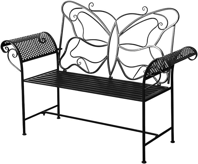 Small Outdoor Bench for Porch Metal Garden Benches with Butterflies Pattern Backrest and Armrests for Garden, Porch, Yard (White, Black, Blue) (Color : Black)