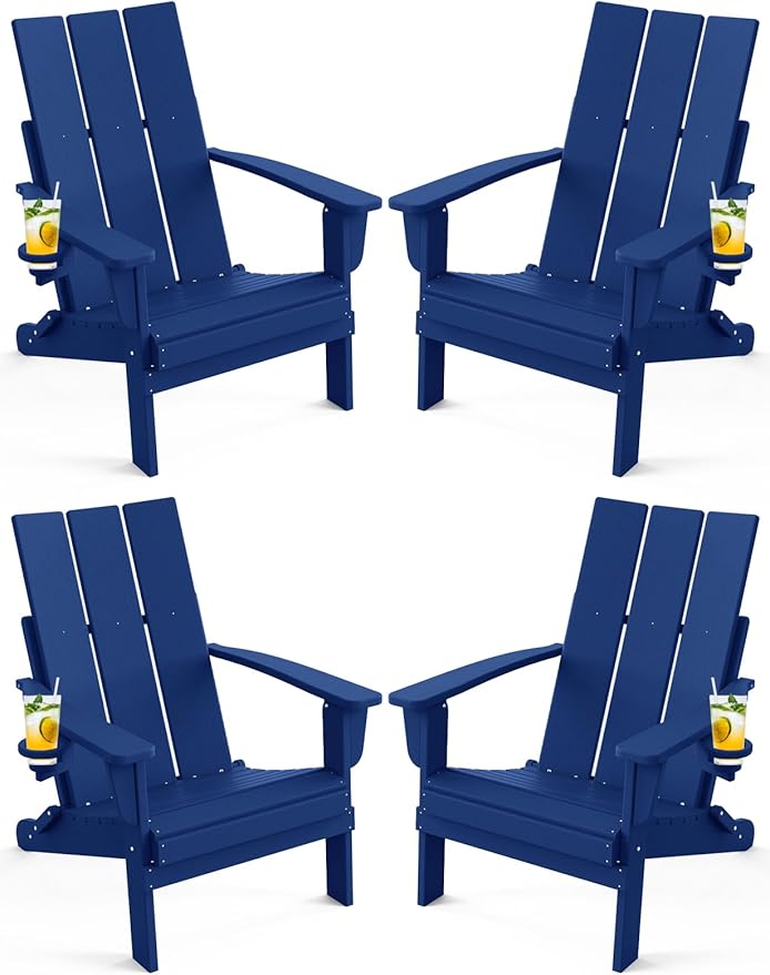 Adirondack Chair with Cup Holder Set of 4, Folding Outdoor Lawn Chair, HDPE Plastic Fire Pit Chair, Weather Resistant Patio Chairs for Deck, Porch, Backyard, Garden, Navy Blue
